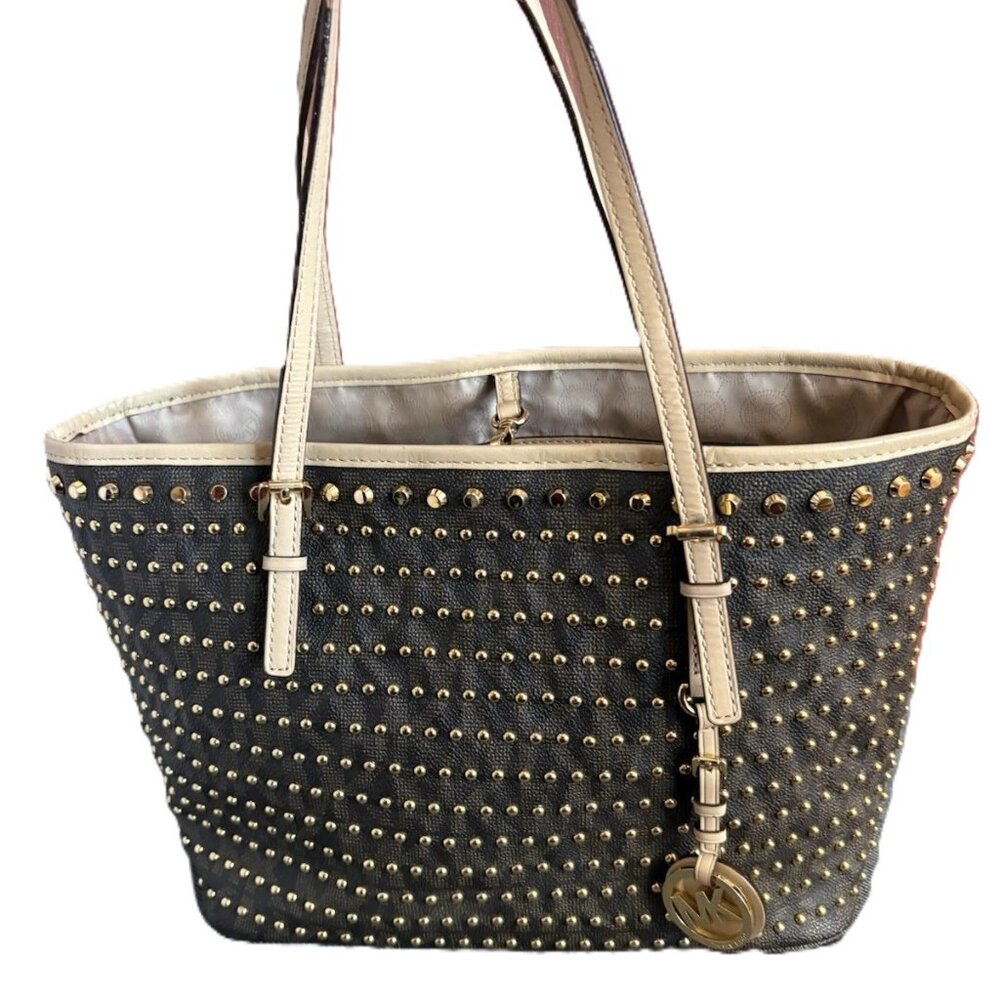 Michael Kors Jet Set Travel Studded Tote Hand Bag Brown, Tan and Gold  Rare Tote